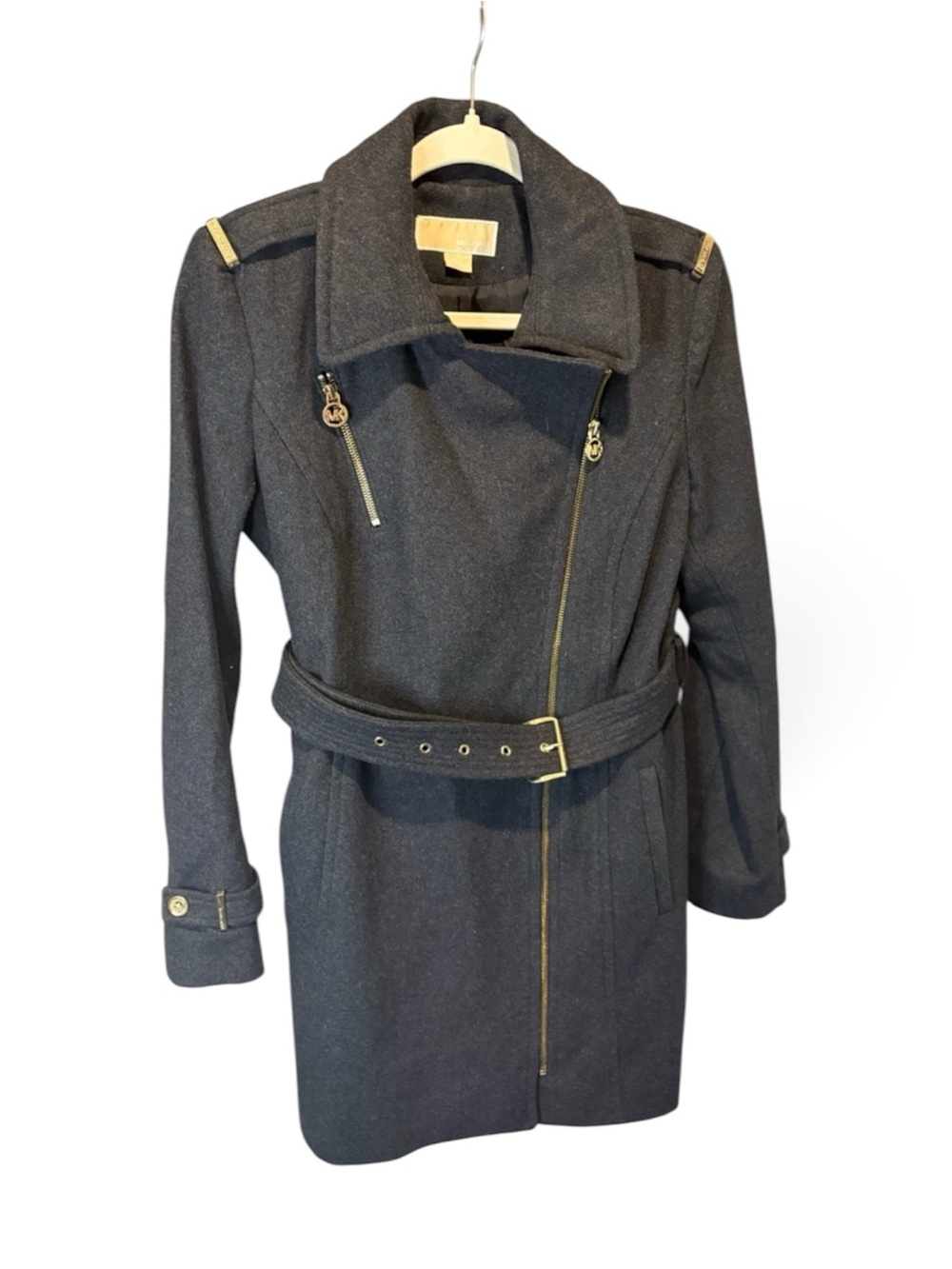 Michael Kors Black Wool-Blend Belted Trench Coat with Gold Hardware